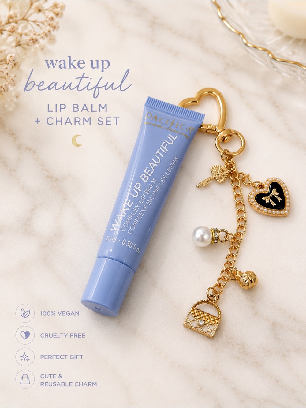 Pacifica Wake Up Beautiful Lip Balm + Midnight Bow Charm Gift Set NIB